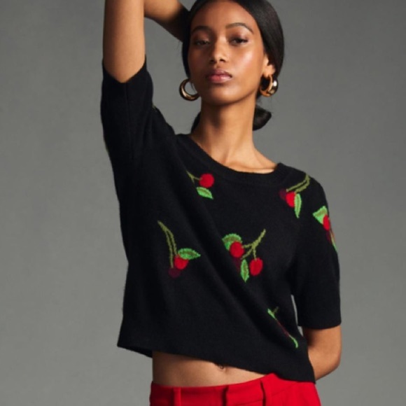 Women’s Maeve Puff-Sleeve 100% Cashmere Sweater Cherry print NWT $168 Size Small - Picture 3 of 7